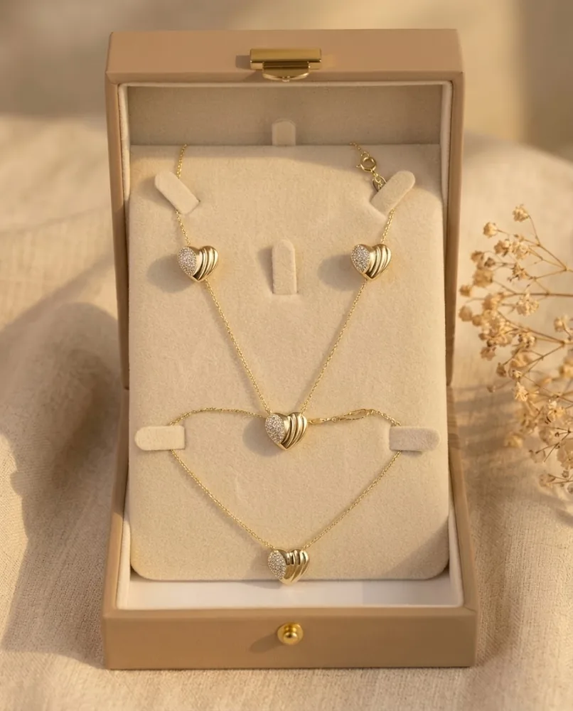 Parure Cœur Pavé — Collier, Bracelet & Puces