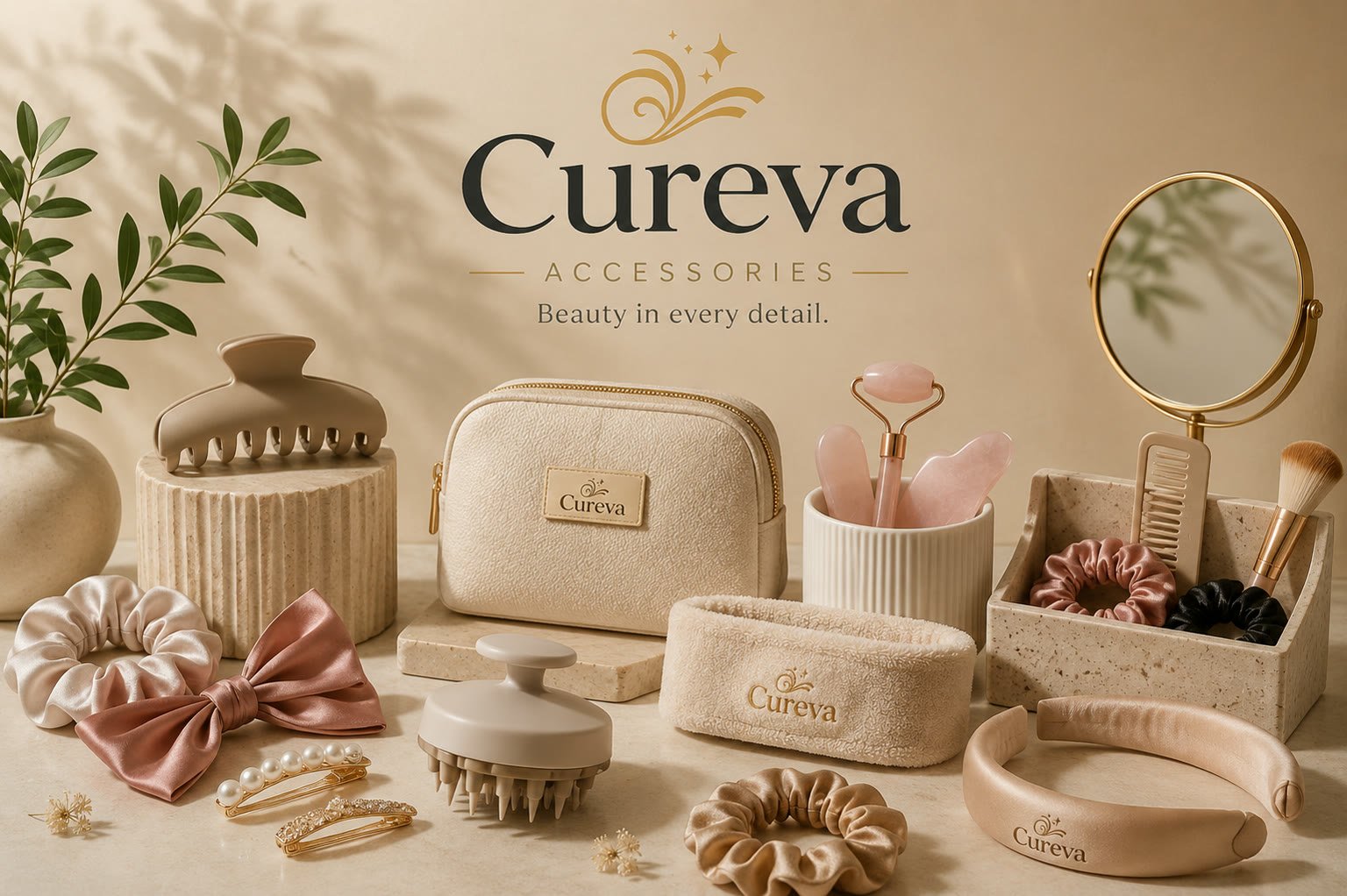 The Curevina Accessories collection on a pale surface: a claw clip, a branded pouch, a rose quartz roller and gua sha, satin scrunchies, pearl hair clips, a scalp brush, a towelling spa headband, a satin headband, a comb and a stand mirror.