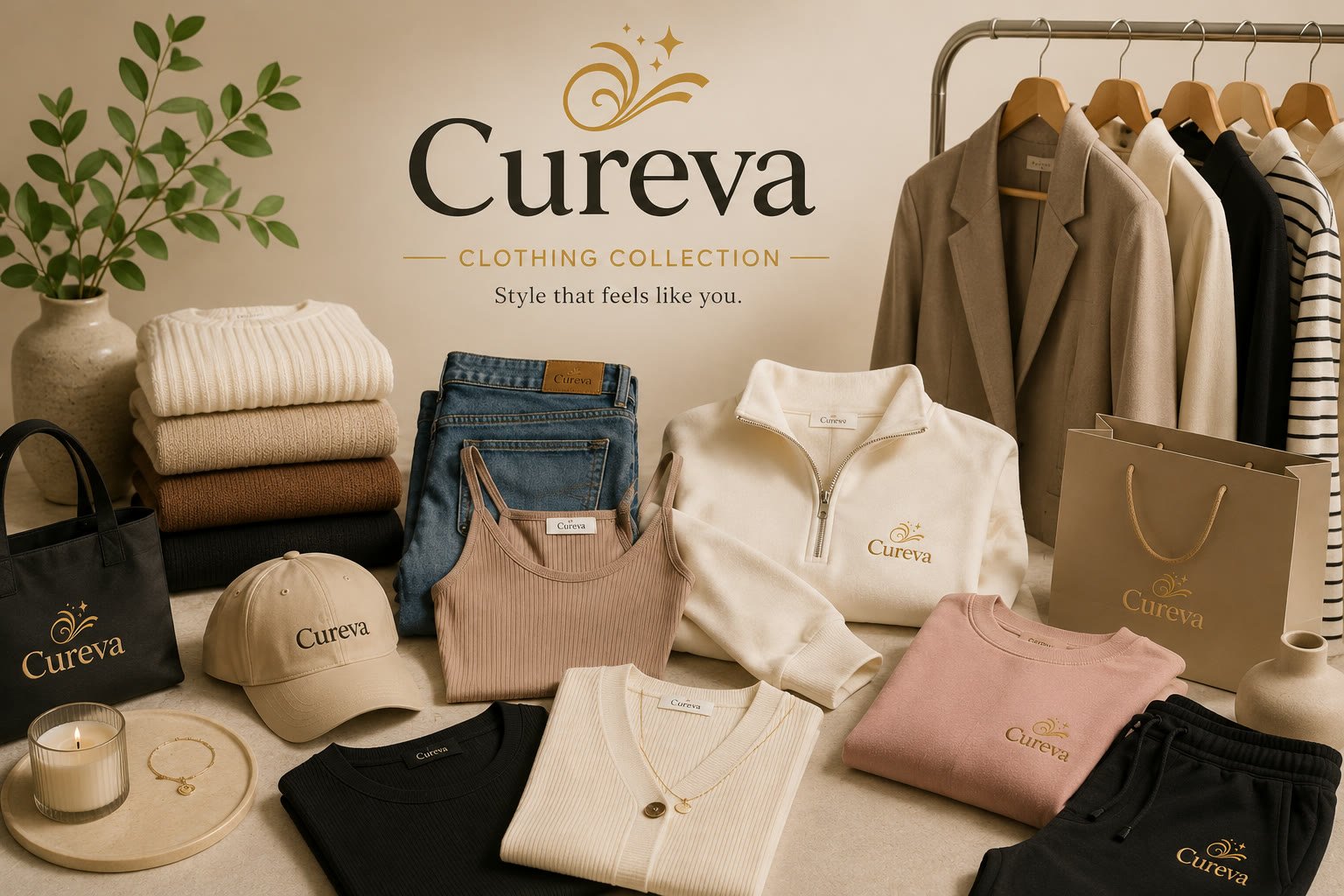 The Curevina Clothing Collection: folded knitwear, denim, a ribbed tank, a quarter zip, a cardigan, tees, joggers, a cap and a tote, with blazers on a rail behind.